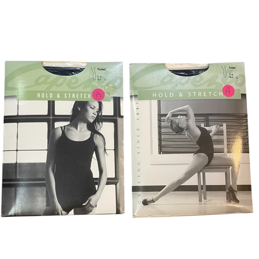 2 Pair Capezio Hold & Stretch Footed Tights 14 Black Semi-Opaque Size Small